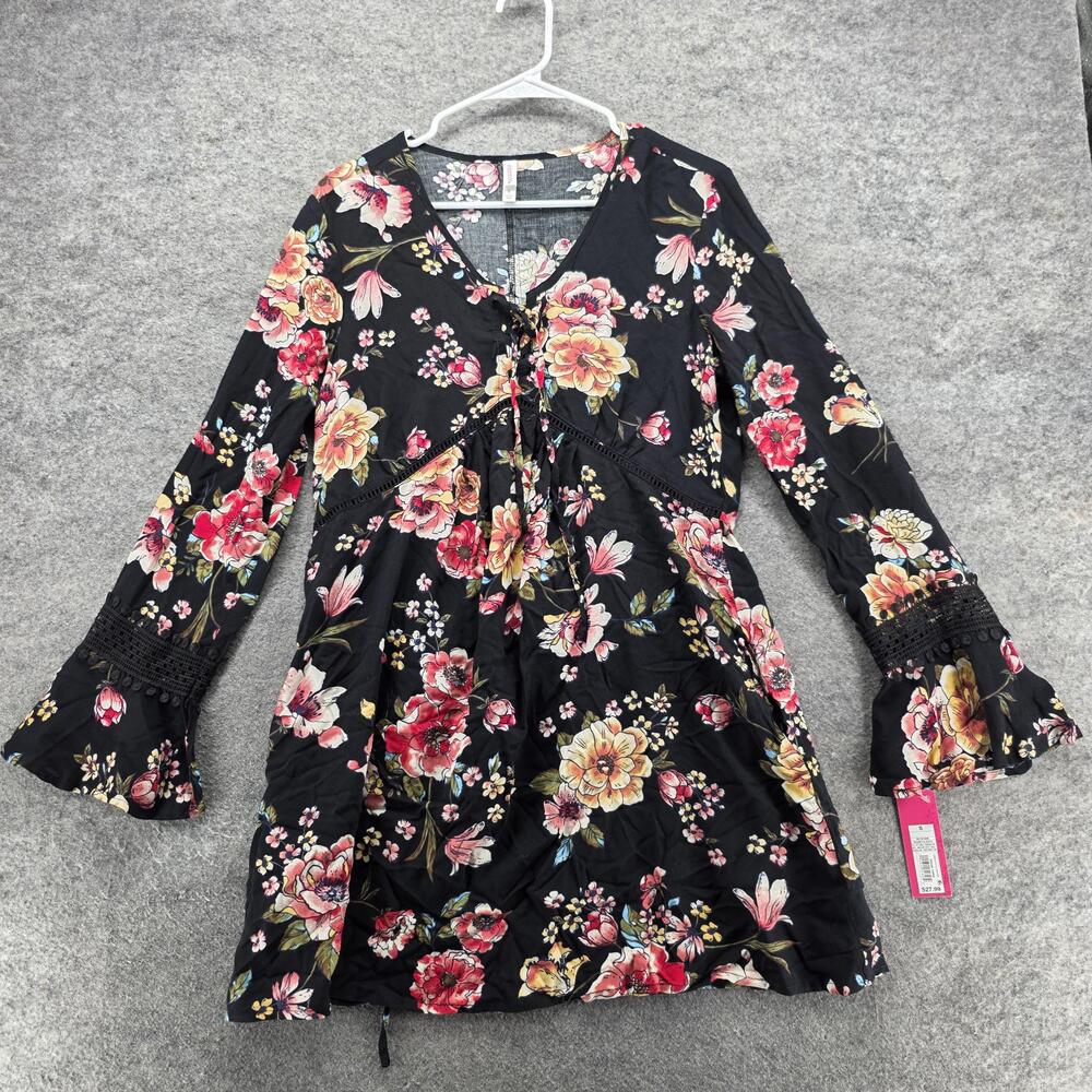 Xhilaration Dress Womens Small Black Floral Bell Sleeve Boho Mini Tunic New